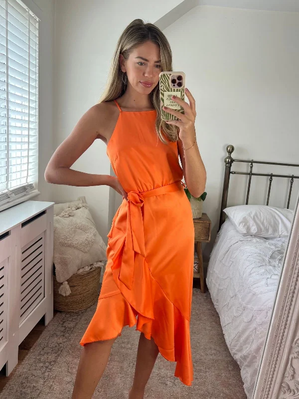 Wrap - Style Women Dress with Adjustable Fit for All Body TypesAriana Halter Frill Dress / Tangerine Wrap - Style Women Dress with Adjustable Fit for All Body TypesAriana Halter Frill Dress / Tangerine