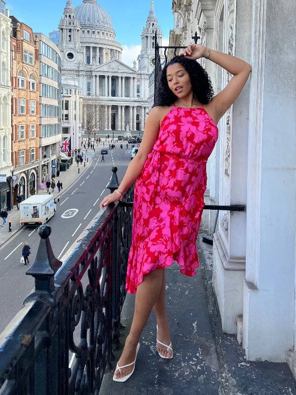 Halter Neck Women Dress to Show Off the Shoulders and NecklineAriana Halter Frill Dress / Pink Floral Print Halter Neck Women Dress to Show Off the Shoulders and NecklineAriana Halter Frill Dress / Pink Floral Print