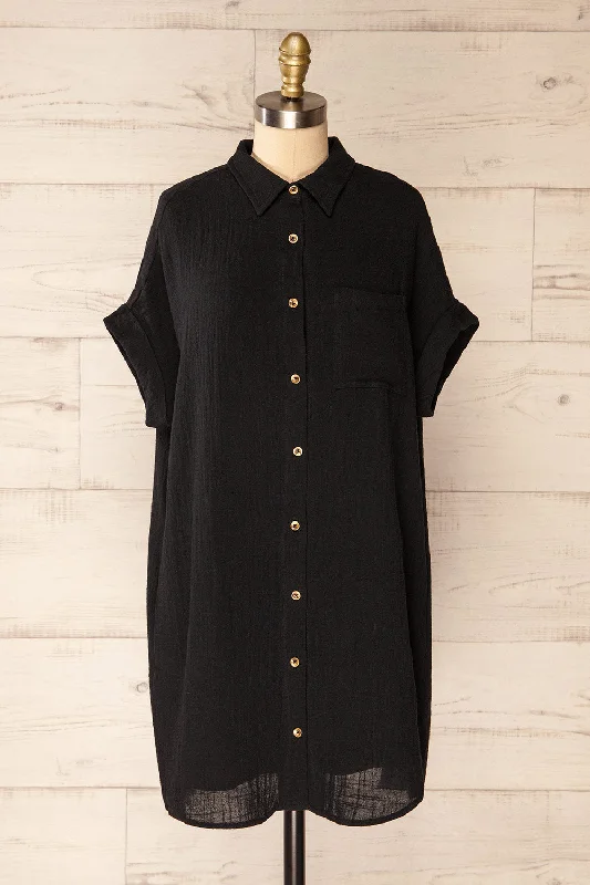 Plus Size Women Dress with a Flattering A - Line Cut for Comfort and StyleArles Black | Short Shirt Dress w/ Pockets Plus Size Women Dress with a Flattering A - Line Cut for Comfort and StyleArles Black | Short Shirt Dress w/ Pockets