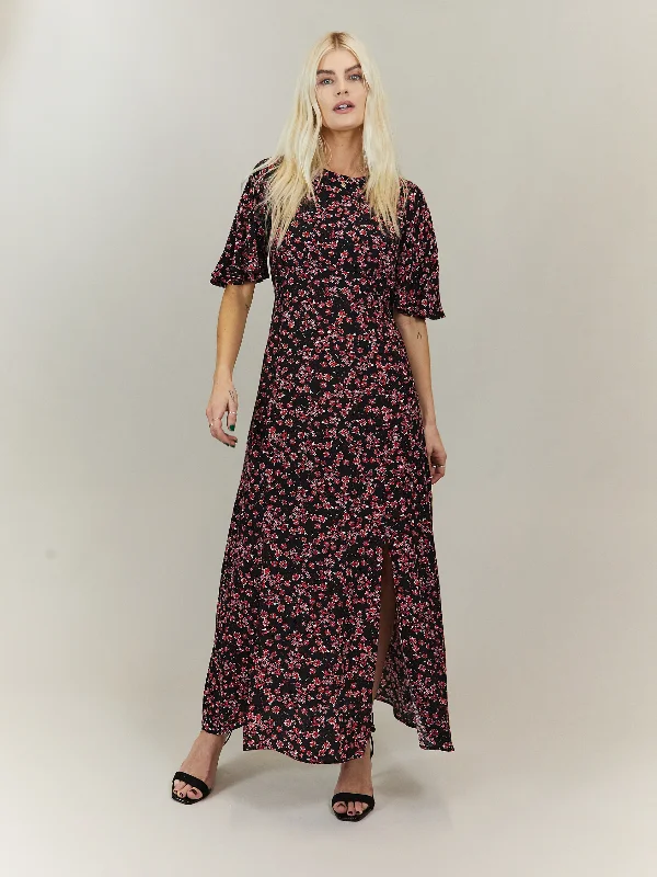 Backless Women Dress for a Sexy and Alluring Look at Evening EventsBailey Angel Sleeve Midi Dress / Dark Floral Print Backless Women Dress for a Sexy and Alluring Look at Evening EventsBailey Angel Sleeve Midi Dress / Dark Floral Print