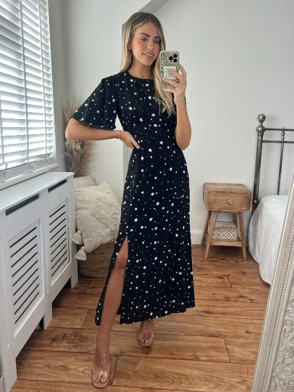 Pleated Women Dress with a Timeless and Elegant TextureBailey Angel Sleeve Midi Dress / Star Print Pleated Women Dress with a Timeless and Elegant TextureBailey Angel Sleeve Midi Dress / Star Print