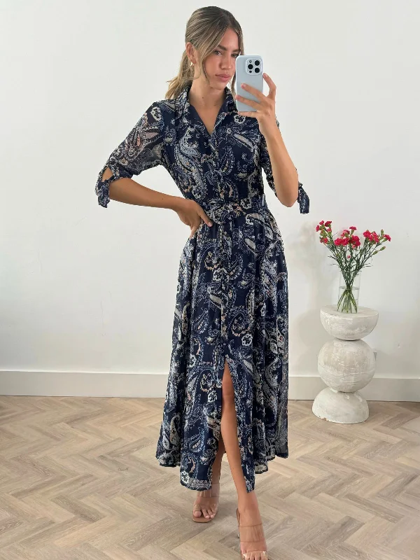 Strapless Women Dress with a Built - in Bra for Comfort and SupportDaphne Belted Shirt Dress / Blue Paisley Strapless Women Dress with a Built - in Bra for Comfort and SupportDaphne Belted Shirt Dress / Blue Paisley