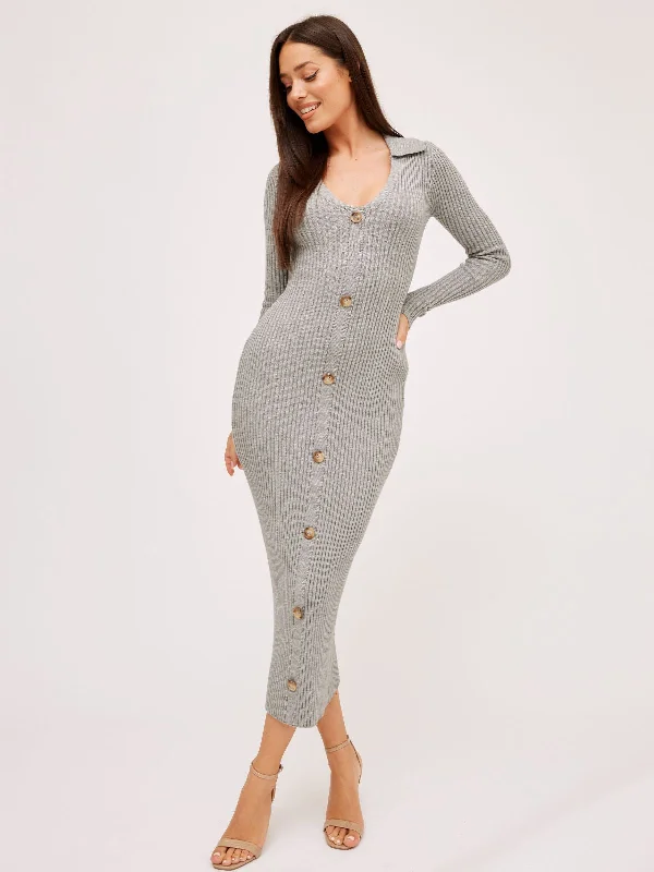 Strapless Women Dress with a Built - in Bra for Comfort and SupportEverly Collar Knitted Midi Dress / Grey Strapless Women Dress with a Built - in Bra for Comfort and SupportEverly Collar Knitted Midi Dress / Grey