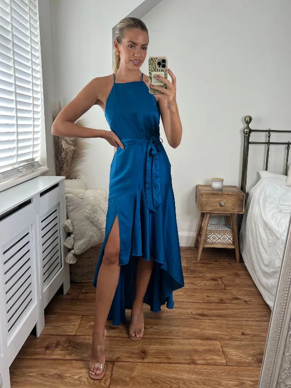 Ball Gown Women Dress with a Full Skirt for a Princess - like LookFleur High Low Satin Dress / Peacock Blue Ball Gown Women Dress with a Full Skirt for a Princess - like LookFleur High Low Satin Dress / Peacock Blue
