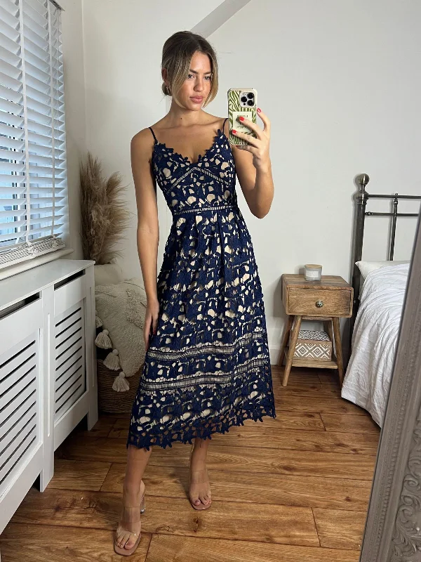Mermaid - Style Women Dress with a Fitted Silhouette for Special OccasionsHarmony Lace Strappy Midi Dress / Navy Mermaid - Style Women Dress with a Fitted Silhouette for Special OccasionsHarmony Lace Strappy Midi Dress / Navy