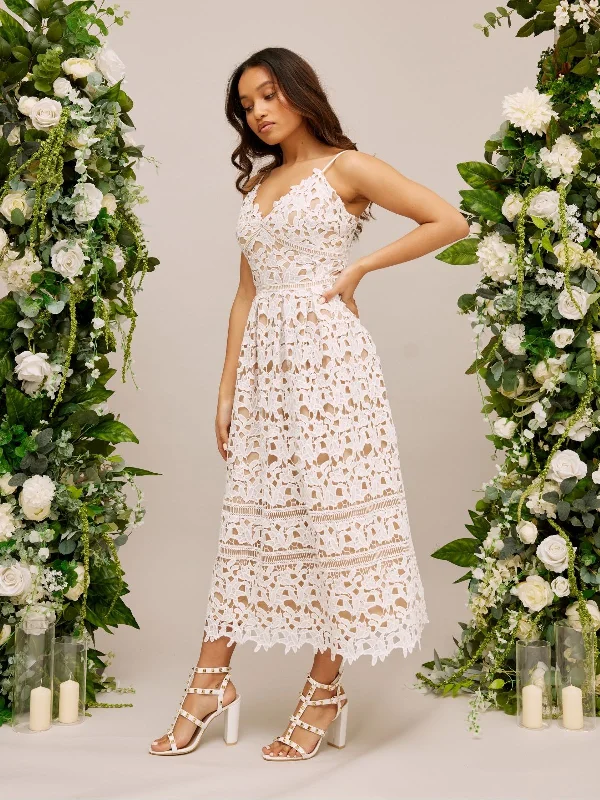 Plus Size Women Dress with a Flattering A - Line Cut for Comfort and StyleLace Strappy Midi Bridal Dress / White Plus Size Women Dress with a Flattering A - Line Cut for Comfort and StyleLace Strappy Midi Bridal Dress / White