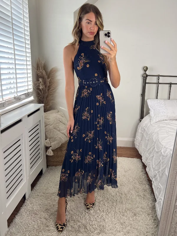Printed Abstract Women Dress for a Modern and Artistic AppealLuisa Belted Pleated Maxi Dress / Navy Floral Print Printed Abstract Women Dress for a Modern and Artistic AppealLuisa Belted Pleated Maxi Dress / Navy Floral Print