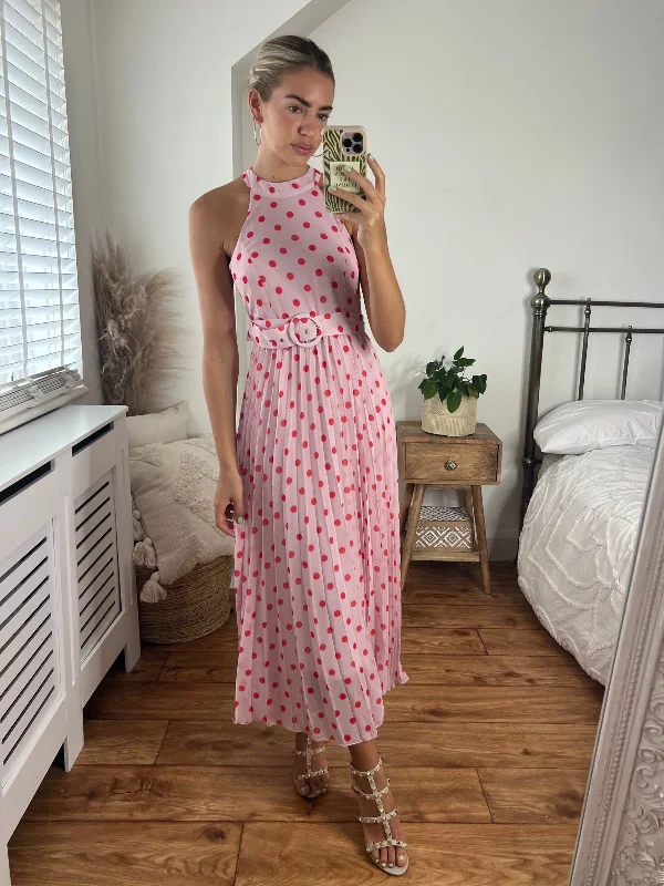 Sheath Women Dress with a Tailored Fit for a Professional LookLuisa Belted Pleated Maxi Dress / Pink And Red Spot Print Sheath Women Dress with a Tailored Fit for a Professional LookLuisa Belted Pleated Maxi Dress / Pink And Red Spot Print