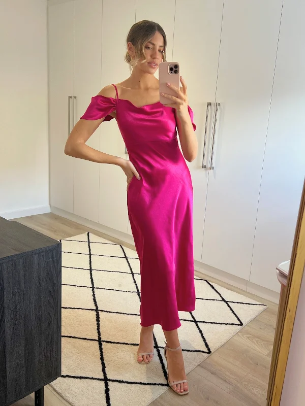 Sleeveless Women Dress in Bright Colors for Summer PartiesMelanie Cold Shoulder Midi Slip Dress / Pink Sleeveless Women Dress in Bright Colors for Summer PartiesMelanie Cold Shoulder Midi Slip Dress / Pink