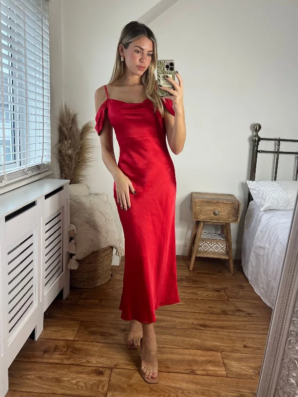 Shift Women Dress with a Simple and Classic Design for Everyday WearMelanie Cold Shoulder Midi Slip Dress / Red Shift Women Dress with a Simple and Classic Design for Everyday WearMelanie Cold Shoulder Midi Slip Dress / Red