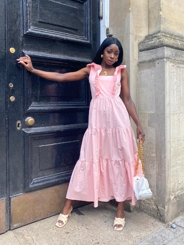 Backless Women Dress for a Sexy and Alluring Look at Evening EventsMollie Cotton Ruffle Tiered Midi Dress / Pink Backless Women Dress for a Sexy and Alluring Look at Evening EventsMollie Cotton Ruffle Tiered Midi Dress / Pink