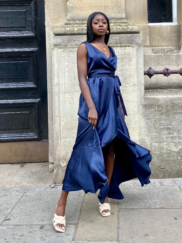 Empire Waist Women Dress to Accentuate the Bust and Conceal the WaistOrla Navy Satin Wrap Midi Dress Empire Waist Women Dress to Accentuate the Bust and Conceal the WaistOrla Navy Satin Wrap Midi Dress