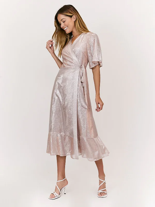Little Black Women Dress with Sequins for a Glamorous Night OutPeyton Angel Sleeve Blush Metallic Wrap Midi Dress Little Black Women Dress with Sequins for a Glamorous Night OutPeyton Angel Sleeve Blush Metallic Wrap Midi Dress
