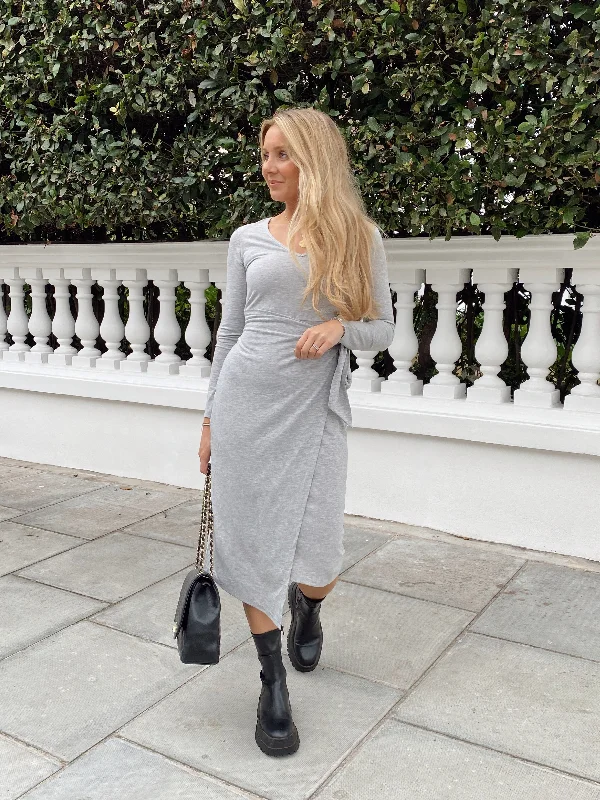 Lace - Embellished Women Dress for an Elegant and Sophisticated AppearanceSelena V Neck Jersey Wrap Midi Dress / Grey Lace - Embellished Women Dress for an Elegant and Sophisticated AppearanceSelena V Neck Jersey Wrap Midi Dress / Grey