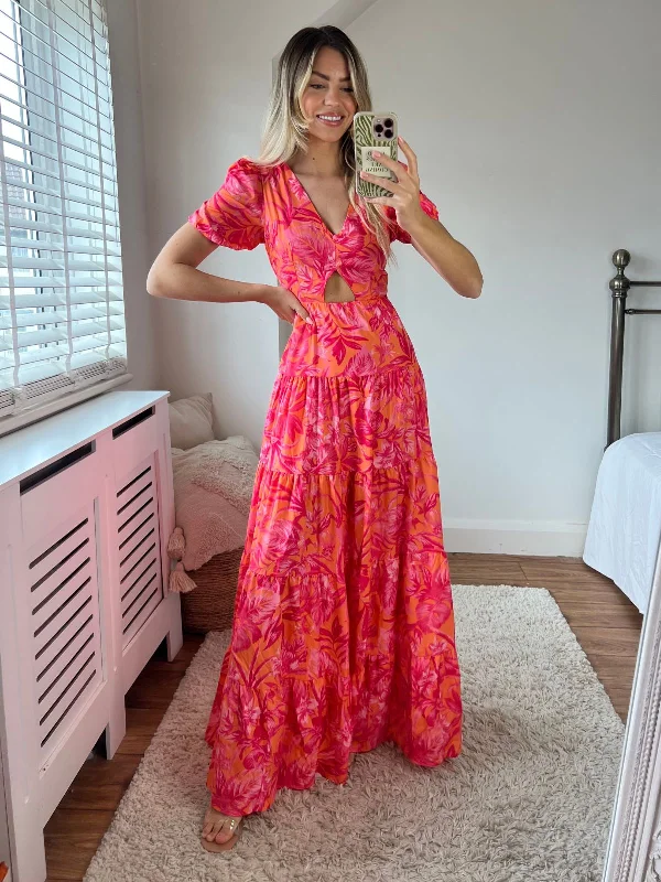 Ball Gown Women Dress with a Full Skirt for a Princess - like LookZoe Tiered Cutout Maxi Dress / Pink & Orange Palm Ball Gown Women Dress with a Full Skirt for a Princess - like LookZoe Tiered Cutout Maxi Dress / Pink & Orange Palm
