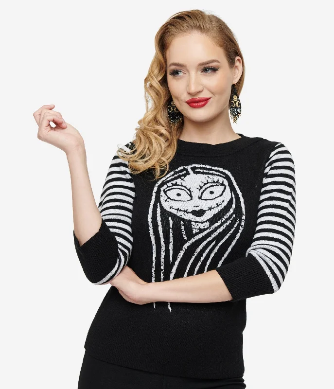 v neck women cardigan to elongate the necklinev neck women cardigan to elongate the necklineDisney The Nightmare Before Christmas collection by Unique Vintage Black & White Stripe Sally Minou Sweater