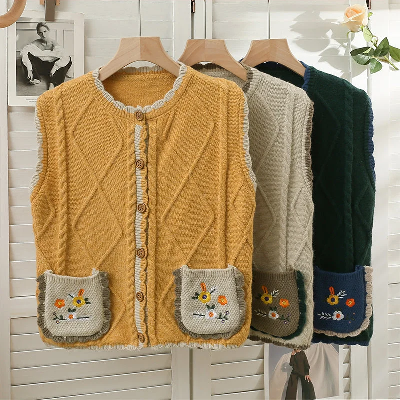 hand knitted women cardigan with artisanal charmhand knitted women cardigan with artisanal charmEmbroidered Flower Pocket Vest (3 Colors) hand knitted women cardigan with artisanal charmhand knitted women cardigan with artisanal charmEmbroidered Flower Pocket Vest (3 Colors)