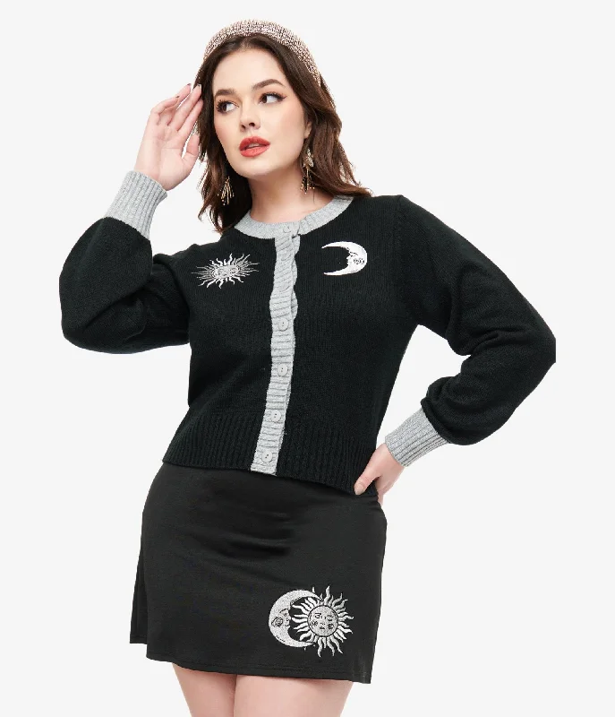 v neck women cardigan to elongate the necklinev neck women cardigan to elongate the necklineSmak Parlour 1960s Black & Silver Celestial Embroidered Cropped Cardigan