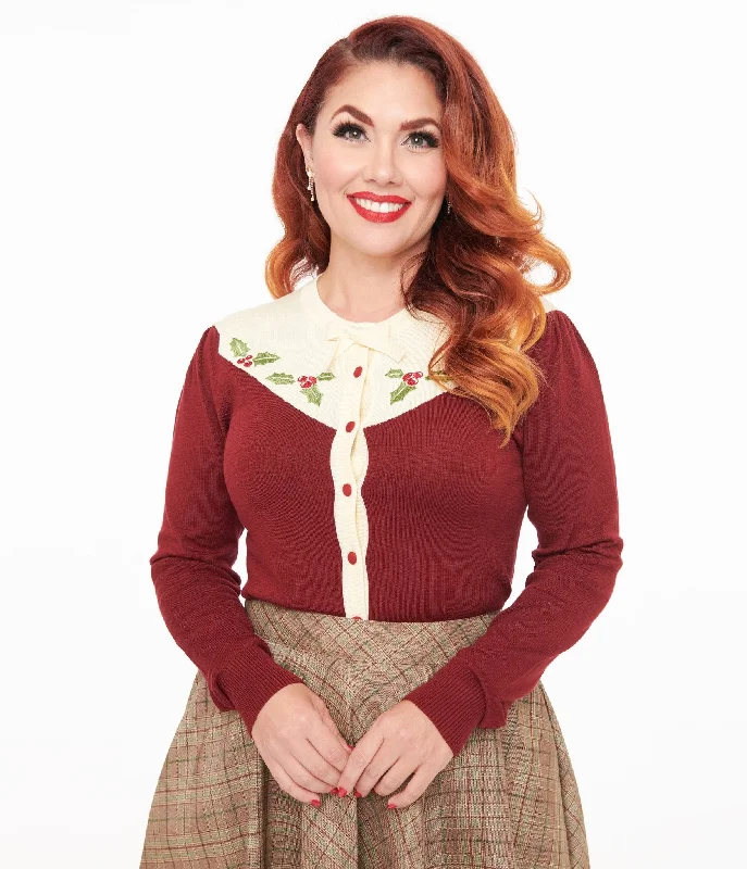 color block women cardigan with bold huescolor block women cardigan with bold huesSmak Parlour 1960s Burgundy & Ivory Mistletoe Cardigan