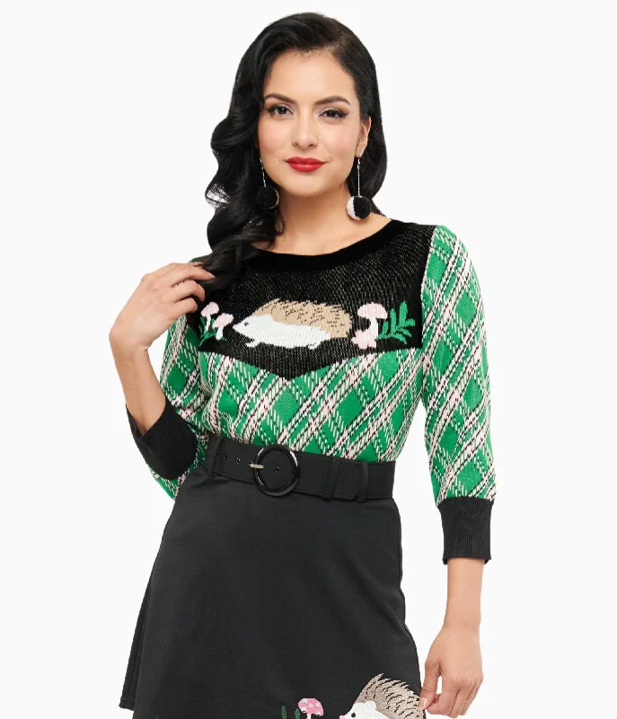 v neck women cardigan to elongate the necklinev neck women cardigan to elongate the necklineSmak Parlour 1960s Green Plaid & Hedgehog Sweater