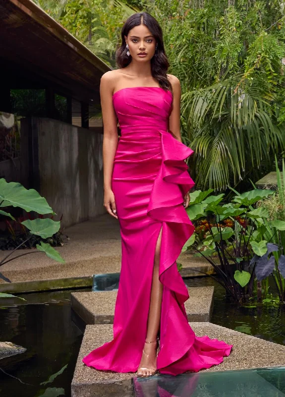 Printed Abstract Women Dress for a Modern and Artistic AppealASHLEYlauren Strapless Side Ruffle Prom Dress 11751 Printed Abstract Women Dress for a Modern and Artistic AppealASHLEYlauren Strapless Side Ruffle Prom Dress 11751