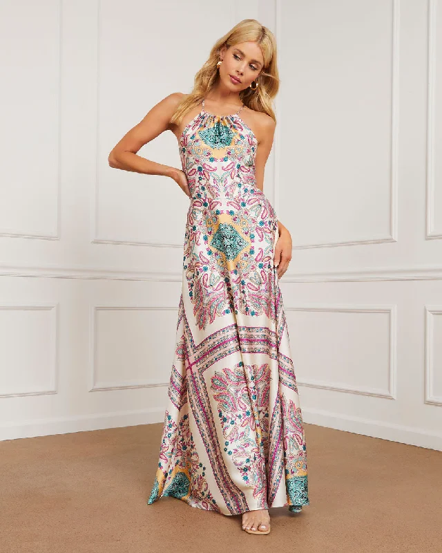 Printed Abstract Women Dress for a Modern and Artistic AppealEvianna Halter Empire Maxi Dress Printed Abstract Women Dress for a Modern and Artistic AppealEvianna Halter Empire Maxi Dress