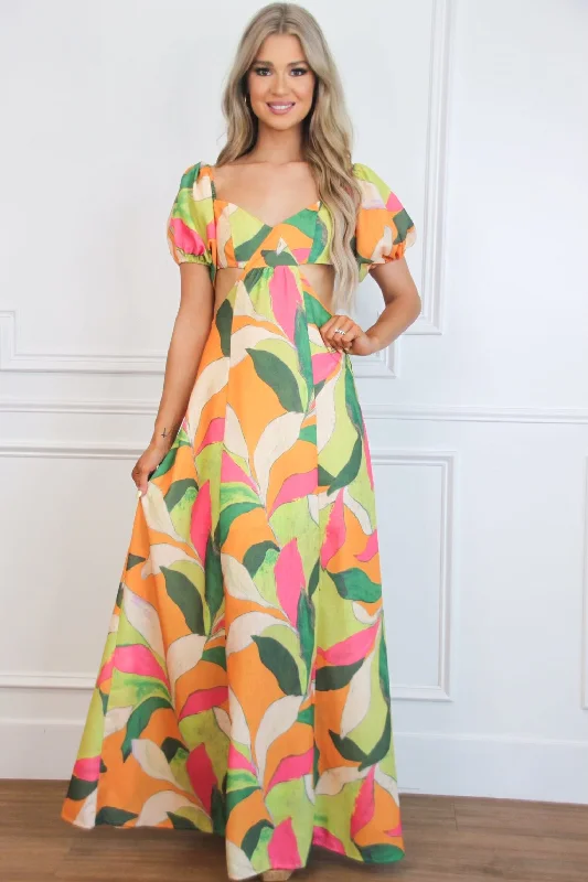Pleated Women Dress with a Timeless and Elegant TextureEyes on Paradise Cutout Floral Maxi Dress: Orange/Lime Multi Pleated Women Dress with a Timeless and Elegant TextureEyes on Paradise Cutout Floral Maxi Dress: Orange/Lime Multi