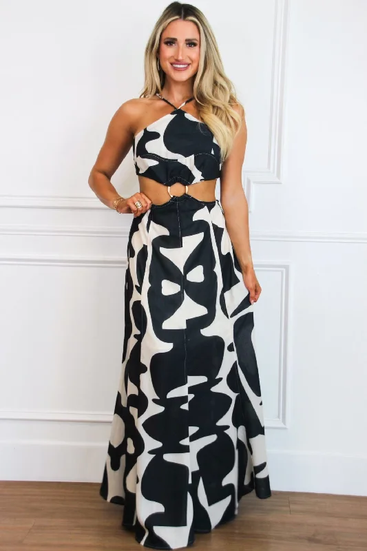 Plus Size Women Dress with a Flattering A - Line Cut for Comfort and StyleGot it Good Cutout Abstract Maxi Dress: Taupe/Black Plus Size Women Dress with a Flattering A - Line Cut for Comfort and StyleGot it Good Cutout Abstract Maxi Dress: Taupe/Black