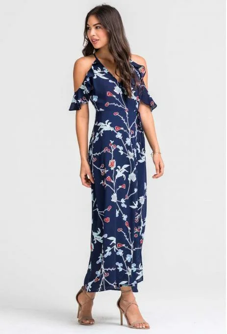 Pleated Women Dress with a Timeless and Elegant TextureGrace Navy Floral Cold-Shoulder Maxi Dress Pleated Women Dress with a Timeless and Elegant TextureGrace Navy Floral Cold-Shoulder Maxi Dress