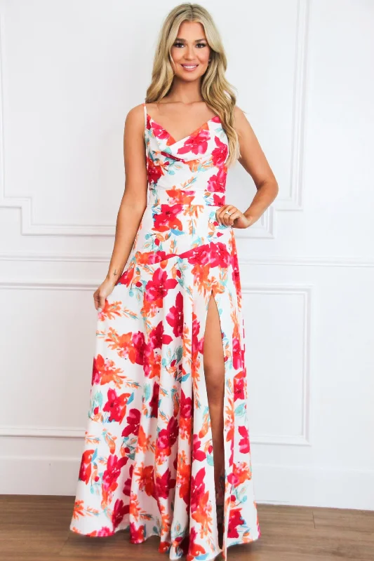 Mermaid - Style Women Dress with a Fitted Silhouette for Special OccasionsIsland Escape Cowl Neck Floral Satin Maxi Dress: White Multi Mermaid - Style Women Dress with a Fitted Silhouette for Special OccasionsIsland Escape Cowl Neck Floral Satin Maxi Dress: White Multi