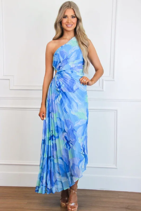 Sheath Women Dress with a Tailored Fit for a Professional LookLisette One Shoulder Floral Pleated Maxi Dress: Blue Sheath Women Dress with a Tailored Fit for a Professional LookLisette One Shoulder Floral Pleated Maxi Dress: Blue
