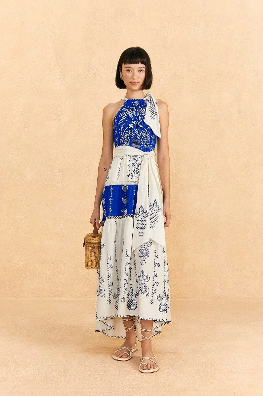 Off - the - Shoulder Women Dress for a Romantic and Feminine LookNavy Blue Embroidered Jungle Scarf Maxi Dress Off - the - Shoulder Women Dress for a Romantic and Feminine LookNavy Blue Embroidered Jungle Scarf Maxi Dress
