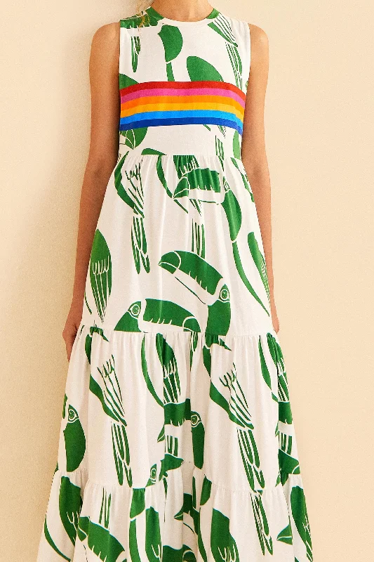 Ruffled Women Dress with Multiple Layers for a Playful and Girly StyleOff-White Rainbow Toucans Organic Cotton Maxi Dress Ruffled Women Dress with Multiple Layers for a Playful and Girly StyleOff-White Rainbow Toucans Organic Cotton Maxi Dress