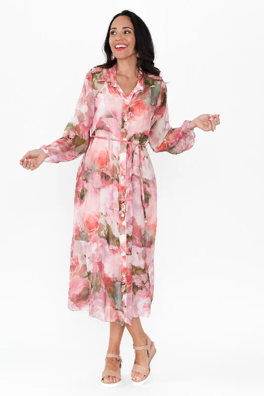 Plus Size Women Dress with a Flattering A - Line Cut for Comfort and StyleOrla Pink Floral Silk Blend Dress Plus Size Women Dress with a Flattering A - Line Cut for Comfort and StyleOrla Pink Floral Silk Blend Dress
