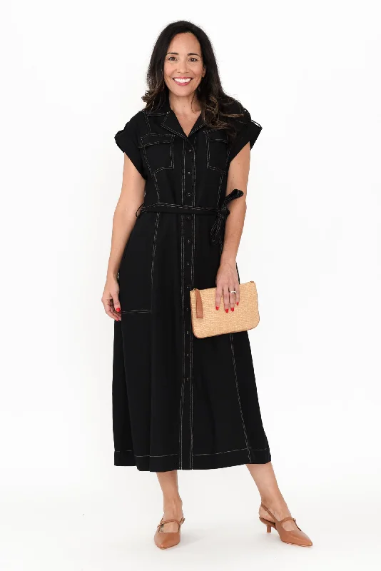 Plus Size Women Dress with a Flattering A - Line Cut for Comfort and StylePatricia Black Cotton Blend Tie Dress Plus Size Women Dress with a Flattering A - Line Cut for Comfort and StylePatricia Black Cotton Blend Tie Dress
