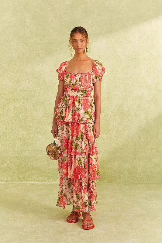 Pleated Women Dress with a Timeless and Elegant TexturePink Blooming Floral Maxi Dress Pleated Women Dress with a Timeless and Elegant TexturePink Blooming Floral Maxi Dress