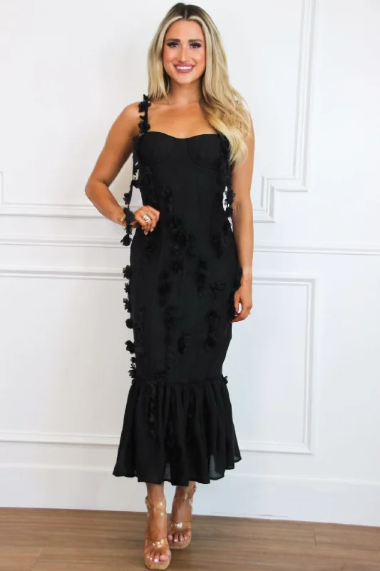 Backless Women Dress for a Sexy and Alluring Look at Evening EventsRosie Floral Applique Bustier Ruffle Midi Dress: Black Backless Women Dress for a Sexy and Alluring Look at Evening EventsRosie Floral Applique Bustier Ruffle Midi Dress: Black