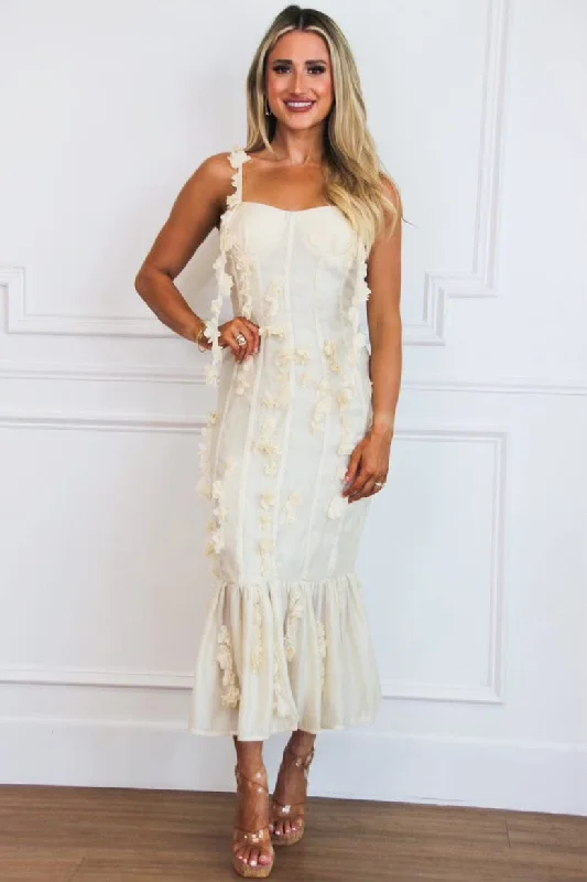 Lace - Embellished Women Dress for an Elegant and Sophisticated AppearanceRosie Floral Applique Bustier Ruffle Midi Dress: Cream Lace - Embellished Women Dress for an Elegant and Sophisticated AppearanceRosie Floral Applique Bustier Ruffle Midi Dress: Cream