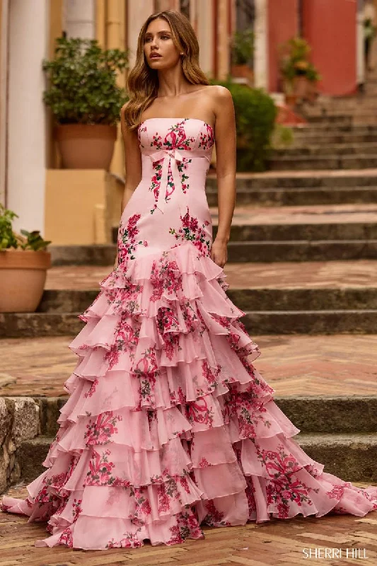Sleeveless Women Dress in Bright Colors for Summer PartiesSherri Hill Strapless Ruffle Floral Prom Dress 57144 Sleeveless Women Dress in Bright Colors for Summer PartiesSherri Hill Strapless Ruffle Floral Prom Dress 57144