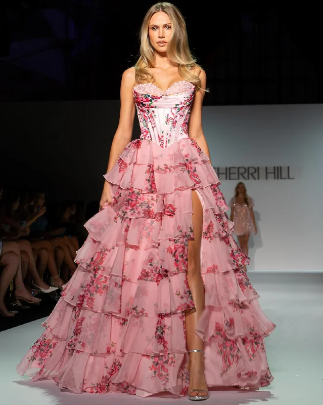 Strapless Women Dress with a Built - in Bra for Comfort and SupportSherri Hill Floral Print Corset Ruffle Prom Dress 57249 Strapless Women Dress with a Built - in Bra for Comfort and SupportSherri Hill Floral Print Corset Ruffle Prom Dress 57249