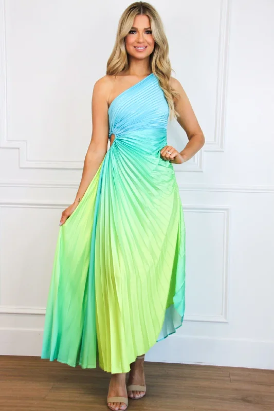 Backless Women Dress for a Sexy and Alluring Look at Evening EventsSt Tropez Ombre Pleated One Shoulder Maxi Dress: Blue/Green Multi Backless Women Dress for a Sexy and Alluring Look at Evening EventsSt Tropez Ombre Pleated One Shoulder Maxi Dress: Blue/Green Multi