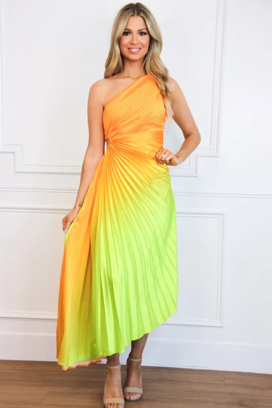 Backless Women Dress for a Sexy and Alluring Look at Evening EventsSt Tropez Ombre Pleated One Shoulder Maxi Dress: Orange/Green Multi Backless Women Dress for a Sexy and Alluring Look at Evening EventsSt Tropez Ombre Pleated One Shoulder Maxi Dress: Orange/Green Multi