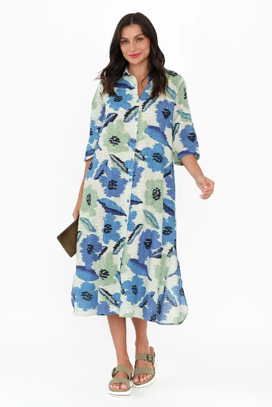 Ball Gown Women Dress with a Full Skirt for a Princess - like LookTricia Blue Floral Cotton Shirt Dress Ball Gown Women Dress with a Full Skirt for a Princess - like LookTricia Blue Floral Cotton Shirt Dress