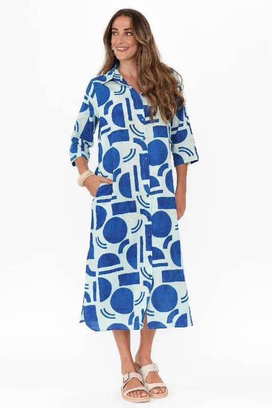 Printed Abstract Women Dress for a Modern and Artistic AppealTricia Blue Geo Cotton Shirt Dress Printed Abstract Women Dress for a Modern and Artistic AppealTricia Blue Geo Cotton Shirt Dress
