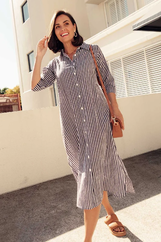 Printed Abstract Women Dress for a Modern and Artistic AppealTricia Navy Stripe Cotton Shirt Dress Printed Abstract Women Dress for a Modern and Artistic AppealTricia Navy Stripe Cotton Shirt Dress