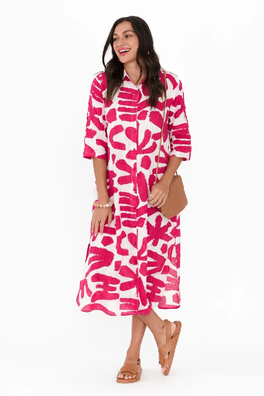 Pleated Women Dress with a Timeless and Elegant TextureTricia Pink Abstract Cotton Shirt Dress Pleated Women Dress with a Timeless and Elegant TextureTricia Pink Abstract Cotton Shirt Dress