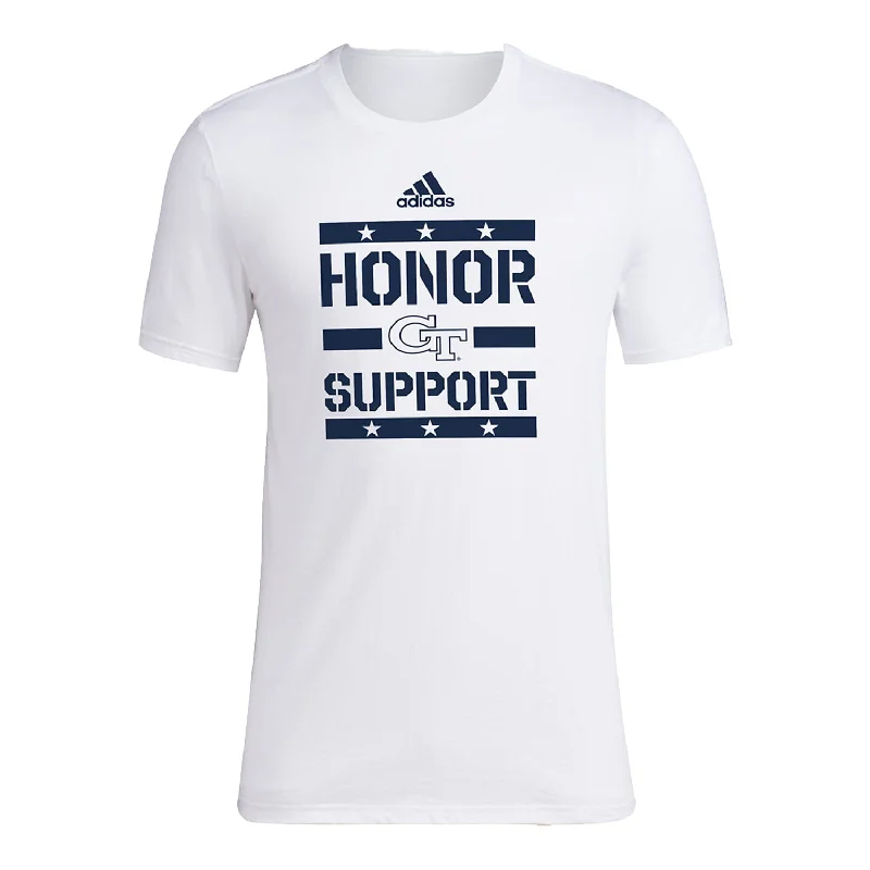 Distressed Women T Shirt with a Laid - Back AestheticGeorgia Tech Yellow Jackets Adidas Honor and Support White T-Shirt Distressed Women T Shirt with a Laid - Back AestheticGeorgia Tech Yellow Jackets Adidas Honor and Support White T-Shirt