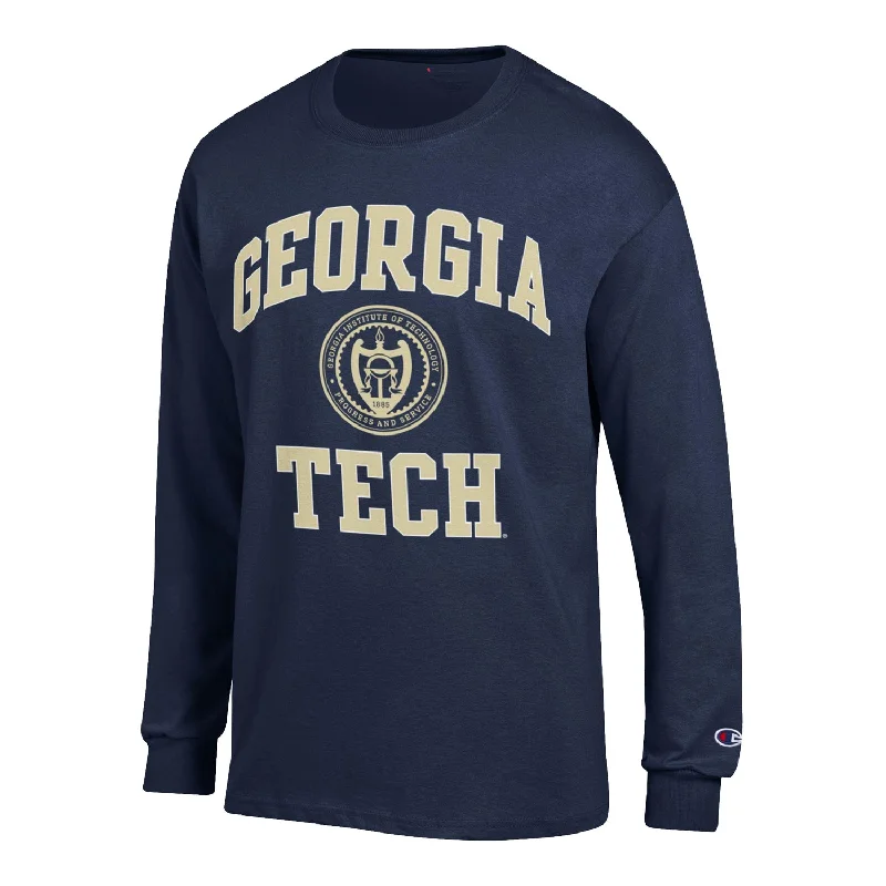 Distressed Women T Shirt with a Laid - Back AestheticGeorgia Tech Yellow Jackets Seal Tech Navy Long Sleeve T-Shirt Distressed Women T Shirt with a Laid - Back AestheticGeorgia Tech Yellow Jackets Seal Tech Navy Long Sleeve T-Shirt