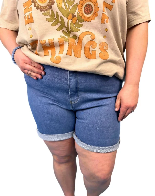 Stretchable Women Shorts for Maximum MobilityHigh Rise Rolled Up Shorts In Medium Wash Stretchable Women Shorts for Maximum MobilityHigh Rise Rolled Up Shorts In Medium Wash