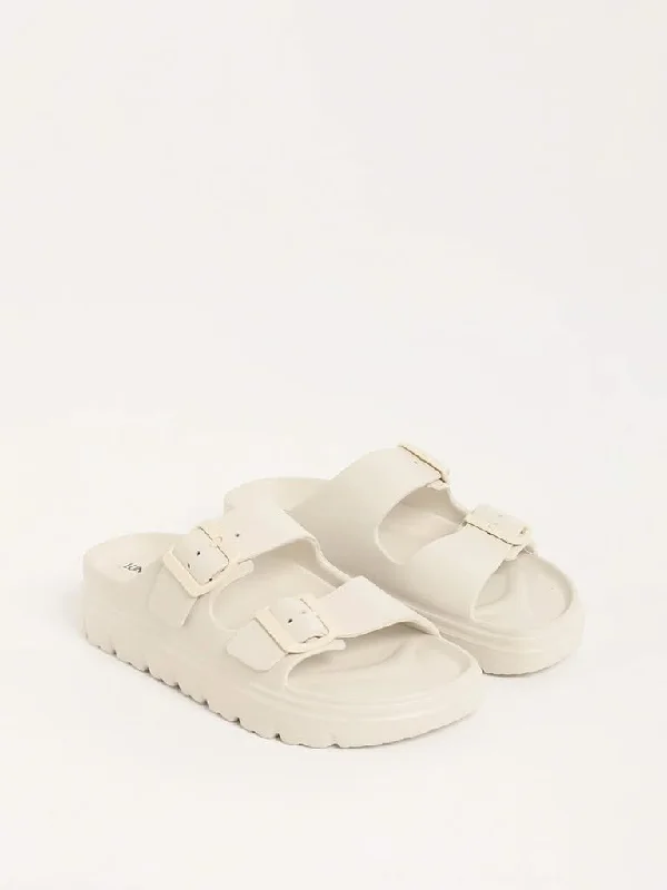Embroidered Women Shorts with Intricate DesignsLUNA BLU Off-White Buckle-Strap Chunky Flip-Flop Embroidered Women Shorts with Intricate DesignsLUNA BLU Off-White Buckle-Strap Chunky Flip-Flop